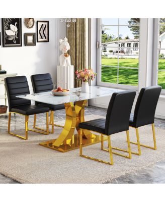Marble patterned glass dining chair set with gold decoration