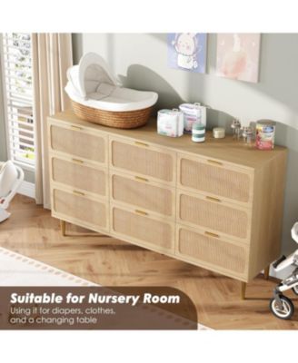 Rattan 9 Drawer Dresser for Bedroom, Tall Chest of Drawers with Deep Storage and Wide Top, Beige