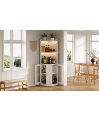 67.3" Farmhouse Corner Bar Cabinet with Power Outlet, Lights & Glass Rack
