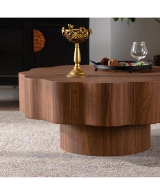 31.5" Scalloped Edge Walnut MDF Wood Grain Center Table - Modern Irregular Round Coffee Table
