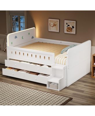 Wooden Full Size Bed with LED Light, Storage Drawers