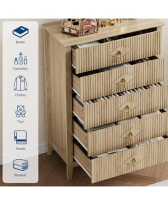 43" Tall Fluted Dresser, 5 Drawer Modern Wood Storage Chest for Living Room or Entryway