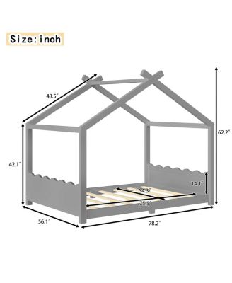 Full House Floor Bed with Support Slats, Solid Wood House Bed Frame for Kids, Gray