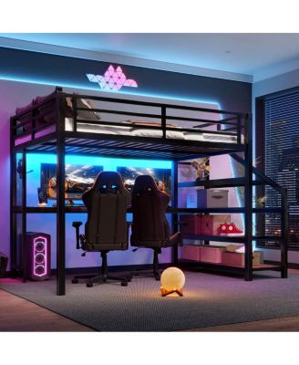 Full Loft Bed with Desk, Storage Stairs, LED Lights & USB Ports