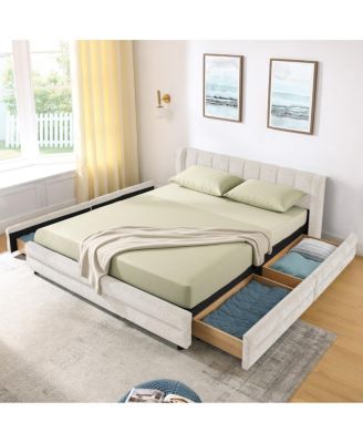 Queen Size Chenille Upholstered Bed Frame with Storage Drawer - Beige
