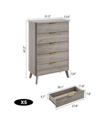 Fluted Dresser for Bedroom, 5 Deep Drawer Modern Wood Storage Chest, Grey