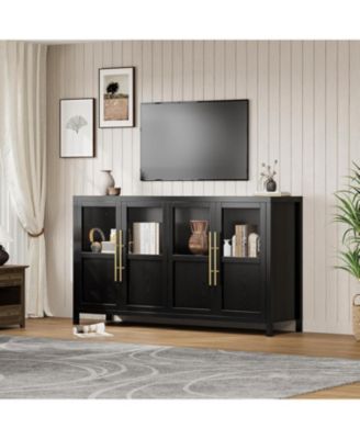 55" Buffet Cabinet with 4 Glass Doors, Modern Farmhouse Sideboard with Storage, Black