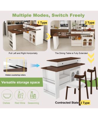 Kitchen Island Set with 2 Chairs, Extendable Rotating Table, 4 Drawers & Cabinets
