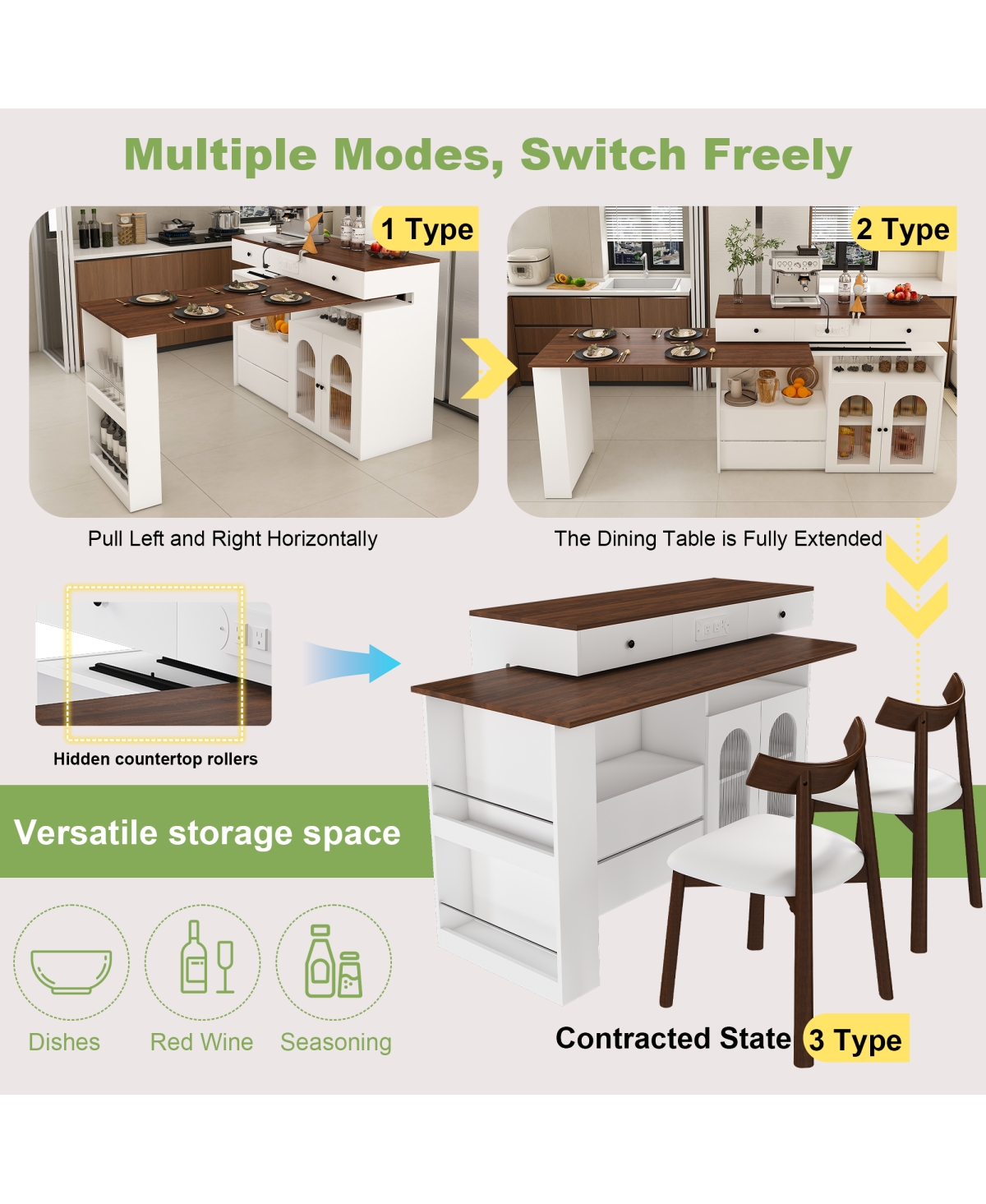 Streamdale Furniture Kitchen Island Set with 2 Chairs, Extendable Rotating Table, 4 Drawers & Cabinets