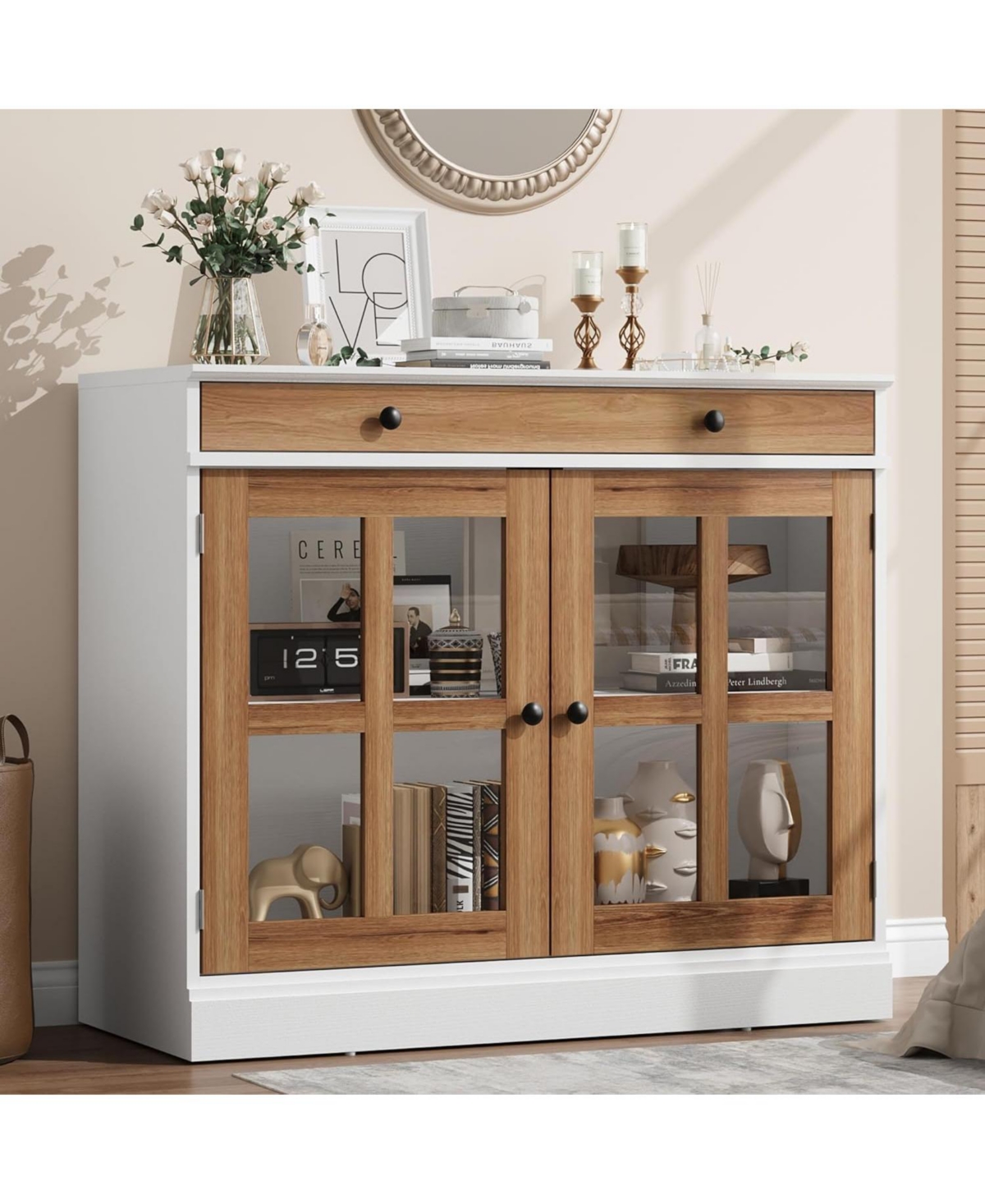 gaomon 35.4" Sideboard Buffet Cabinet with Glass Doors, Drawer and Adjustable Shelves