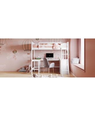 Twin size Loft Bed with Shelves and Desk, Wooden Loft Bed with Desk