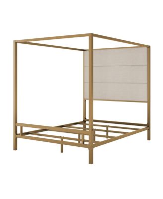 Modern Canopy Bed with Linen Upholstered Headboard