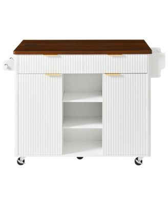 Streamdale 52" Fluted Kitchen Island with Drop Leaf, Power Outlet & Storage Cart