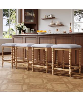 Counter Stools Set of 4, Upholstered Seat, Solid Acacia Wood Frame