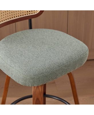  Set of 3, 26-Inch Counter Height Bar Stools - Walnut Black, Cane Rattan, Green Linen Seat