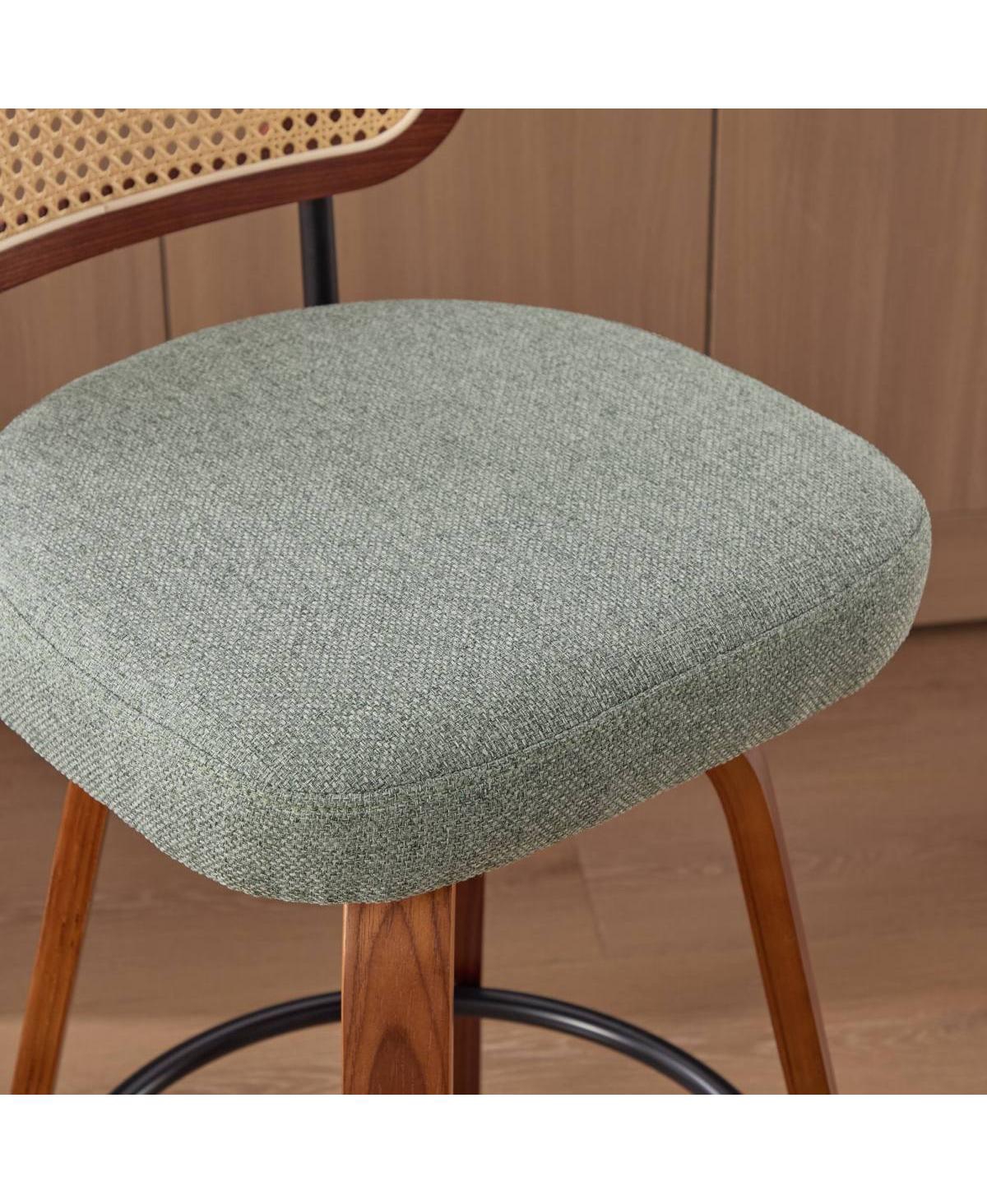 Streamdale Furniture Set of 3, 26-Inch Counter Height Bar Stools - Walnut Black, Cane Rattan, Green Linen Seat