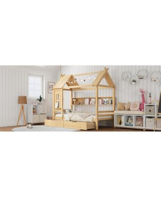  Twin House Bed with Storage Drawers and Shelves, Solid Wood