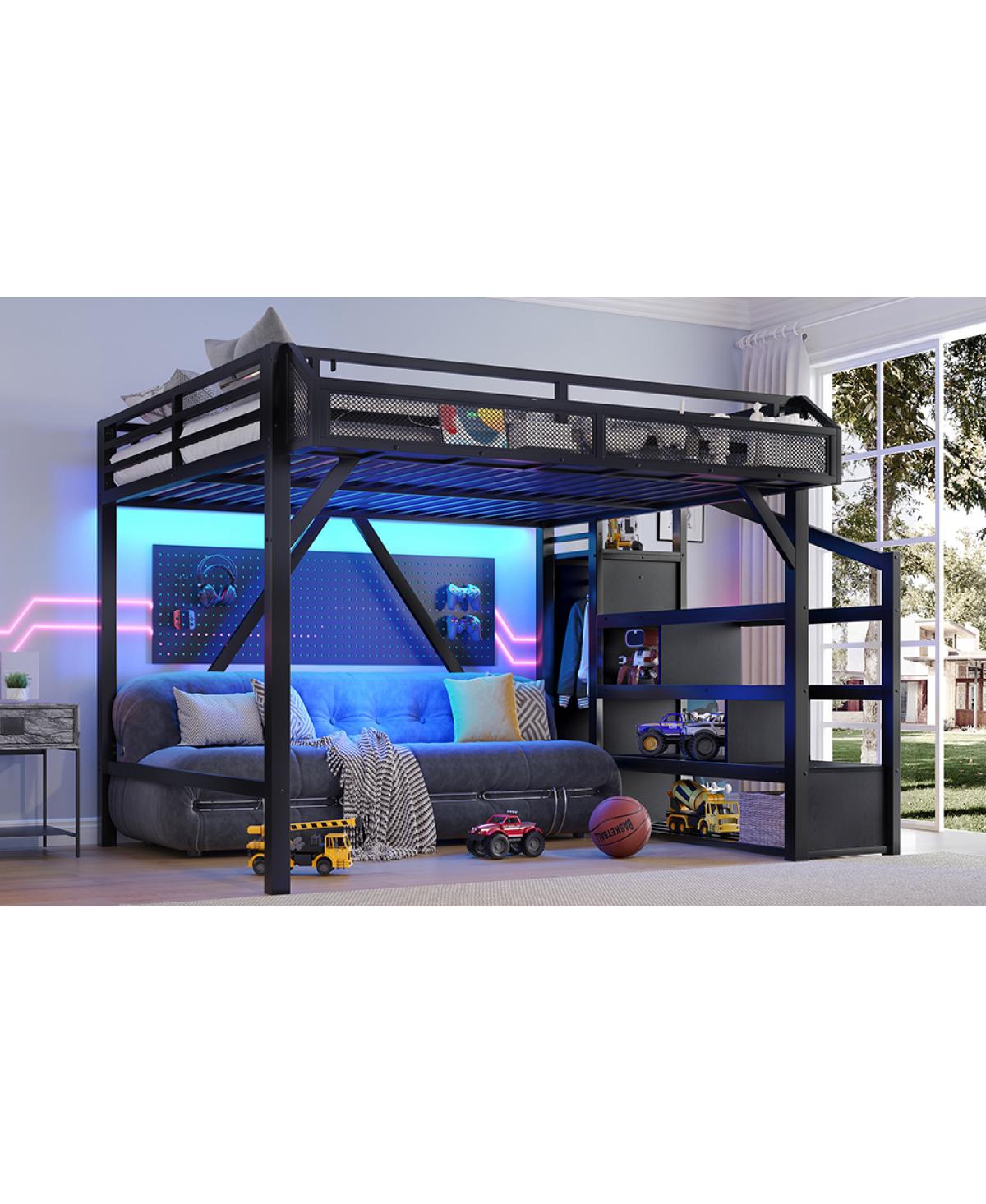 Streamdale Furniture Queen Loft Bed with Storage Stairs, Shelves, Wardrobe, Usb, Led, Black Woodgrain
