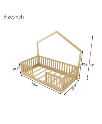  Twin Floor Bed with High Rails, Wooden Montessori Bed with Light for Kids