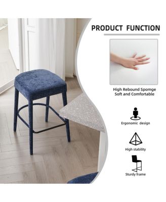 Backless Blue Upholstered Fabric Bar Stool with Padded Seat & Footrest