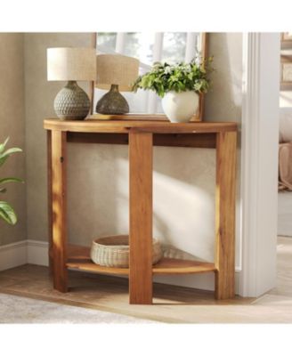 Solid Wood Half-Moon Console Table for Entryway, 41.3" Farmhouse Small Hallway Entry Accent Table with 2-Tier Storage