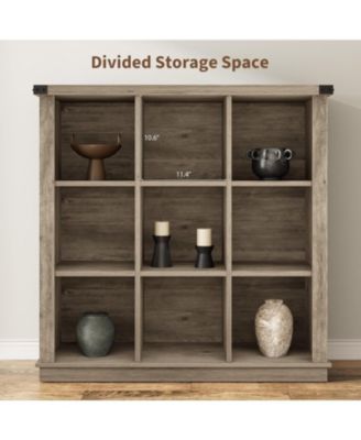 9-Cube Storage Organizer Bookcase, 37.4" Long Low 4-Tier Farmhouse Wood Shelf for Entryway & Living Room, Grey