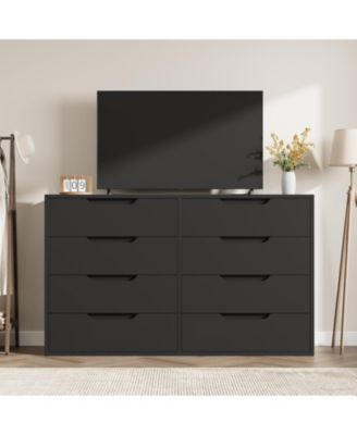 Farmhouse TV Stand with 8 Drawers, 55" Wide Entertainment Center for TVs up to 75 Inch with Metal Legs, Black