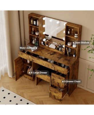 LED Lighted Vanity Desk with Mirror, Makeup Table with Adjustable Brightness and Open Shelves, Brown