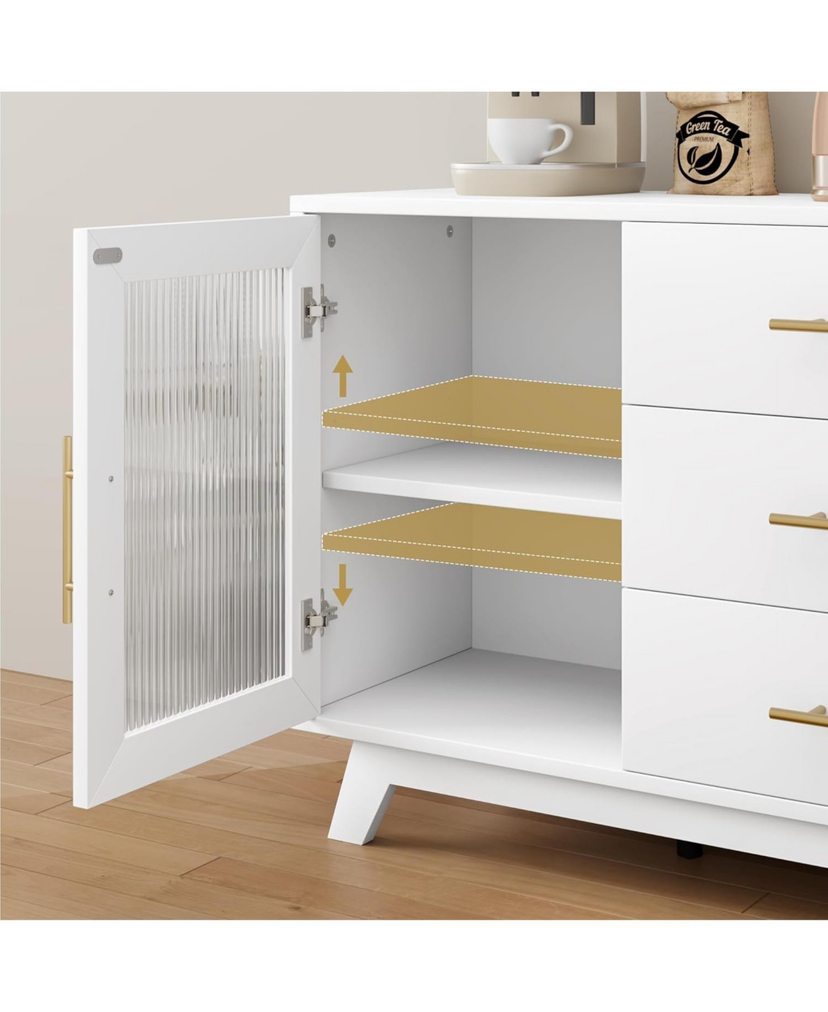 gaomon Modern Farmhouse Buffet Storage Cabinet with Glass Door, 56" Large Sideboard Cabinet with Door/3 Drawers/Adjustable Shelf