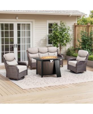 Crescent Brown Wicker Fire Pit Conversation Set with Olefin 6 In. Thick Cushions Patio Swivel Chairs (5-Piece)