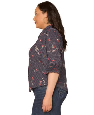 Plus Size Below Elbow-Sleeve Button-Down Shirt