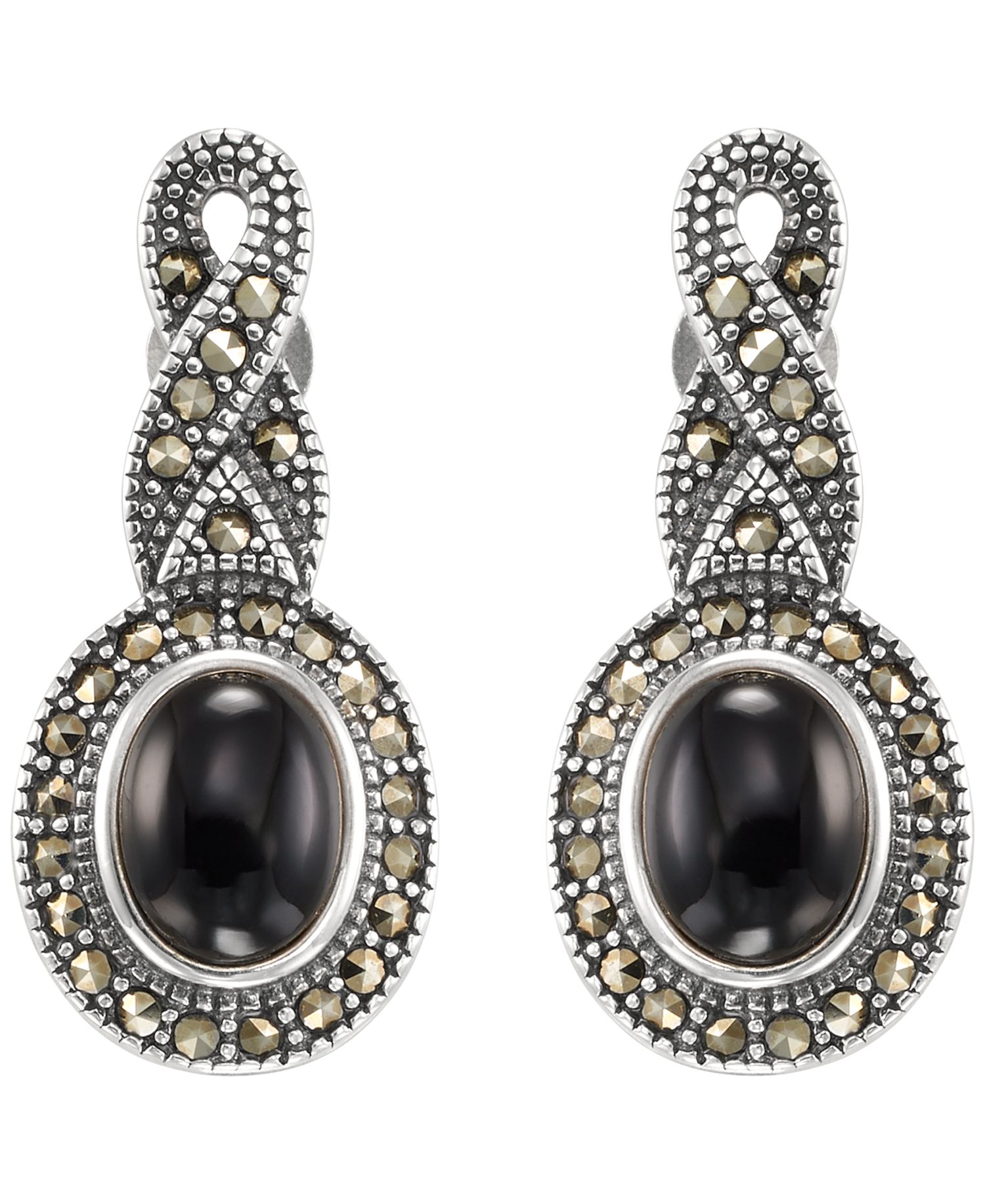Marcasite (0.59 ct. t.w.) and Onyx (1-1/4 ct. t.w.) Drop Earrings in Sterling Silver