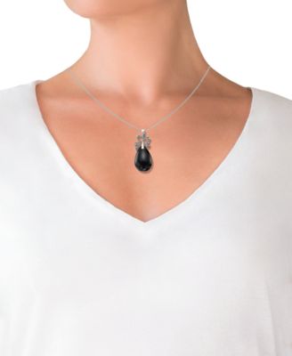 Marcasite (0.14 ct. t.w.) and Onyx (10 ct. t.w.) Pendant Necklace in Sterling Silver