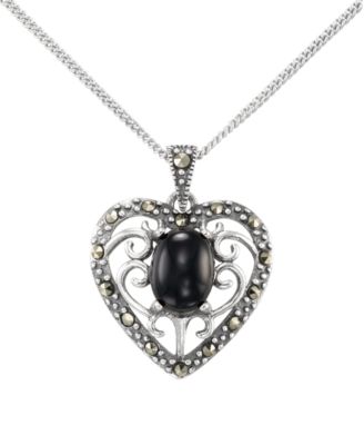 Marcasite (0.17 ct. t.w.) and Faceted Onyx (1-1/4 ct. t.w.) Heart Pendant Necklace in Sterling Silver