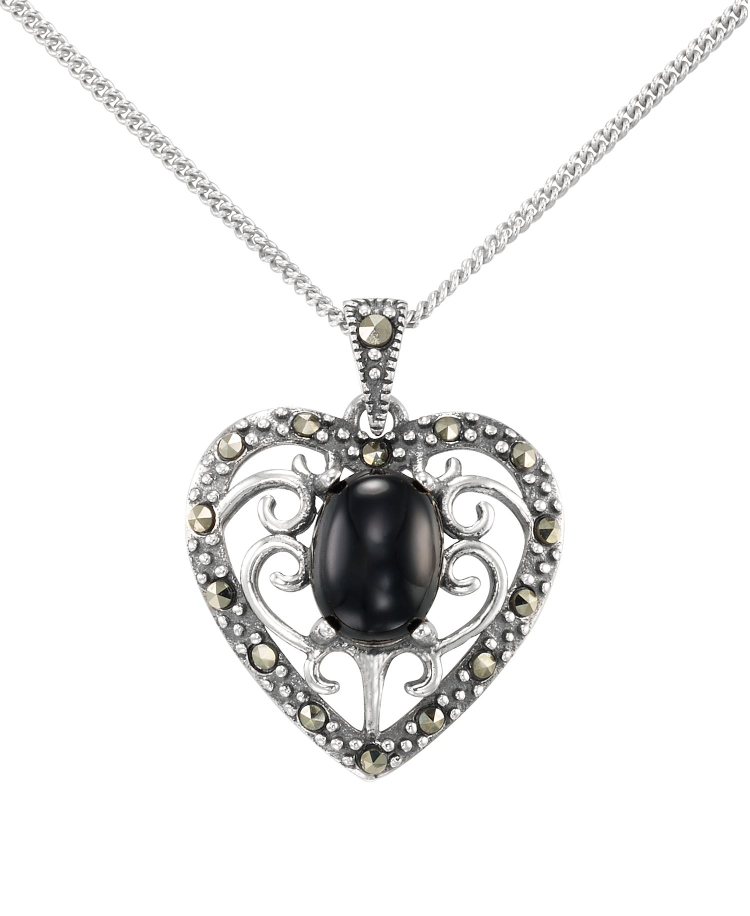 Marcasite (0.17 ct. t.w.) and Faceted Onyx (1-1/4 ct. t.w.) Heart Pendant Necklace in Sterling Silver