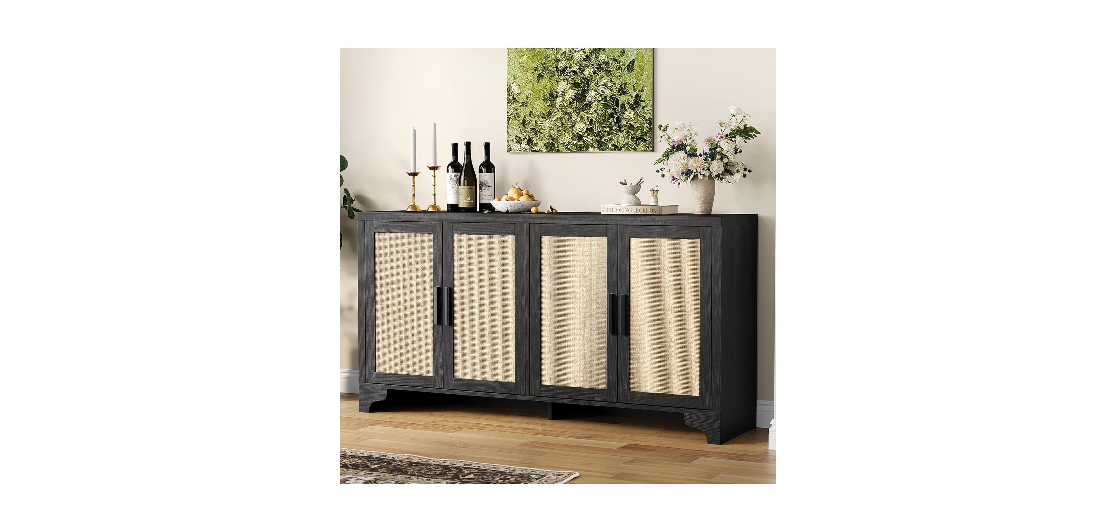 gaomon 4-Door Boho Sideboard Buffet Cabinet, Natural Rattan Storage Console for Dining Room, Living Room, Kitchen