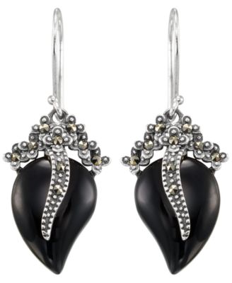 Marcasite (0.16 ct. t.w.) and Onyx (4 ct. t.w.) Dangle Earrings in Sterling Silver