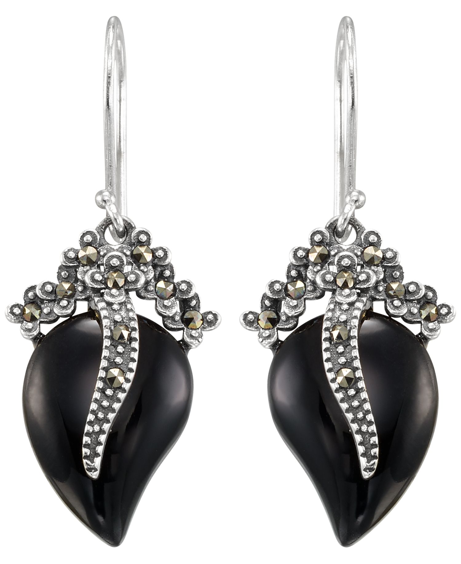 Marcasite (0.16 ct. t.w.) and Onyx (4 ct. t.w.) Dangle Earrings in Sterling Silver