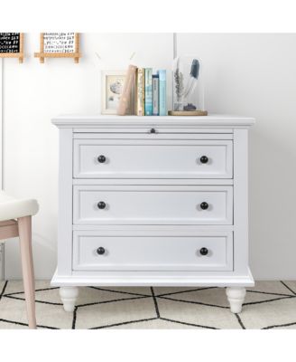 28'' Wood Nightstand, Bedside Cabinet with 3 Storage Drawers and Pull-out Tray, Bedside Accent Table for Bedroom and Office (White)