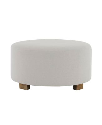 White Fabric Round Ottoman with Wooden Legs, Modern Minimalist Ottoman