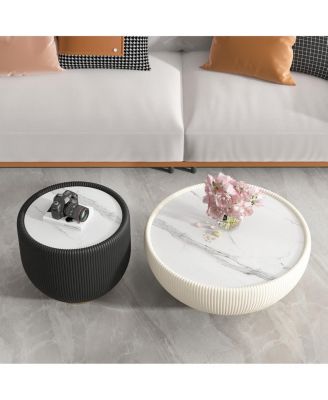 Modern Round Sintered Stone Leather Edge Sofa End Table with Metal Base