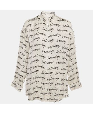 Women's White Logo Scribble Print Silk Loose Fit Shirt