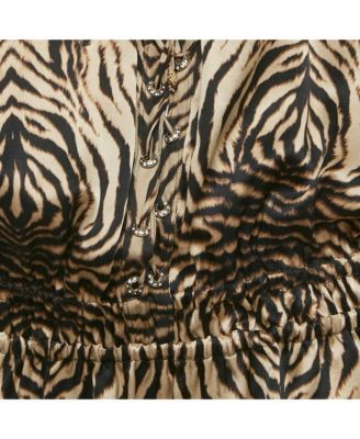 Women's Brown Tiger Printed Silk Tie Up Detail Top
