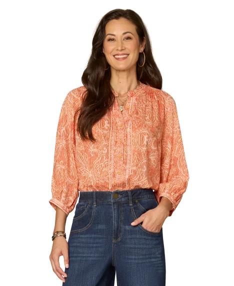 Petite Below-Elbow Blouson-Sleeve Stand Collar Top - Vintage Coral/Papaya