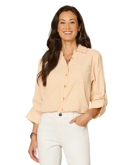 Petite Smocked Collar Bubble-Hem Striped Collared Shirt - Honey Tea