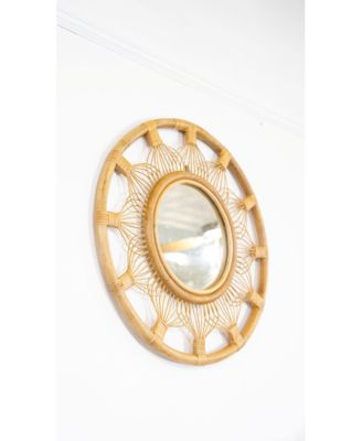 Whisker Round Wall Mirror with Rattan Frame, Boho Hanging Decorative Mirror, Natural Finish for Living Room & Bedroom