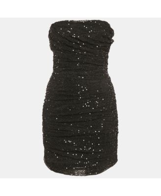 Women's Black Sequin Embellished Tulle Ruched Strapless Mini Dress