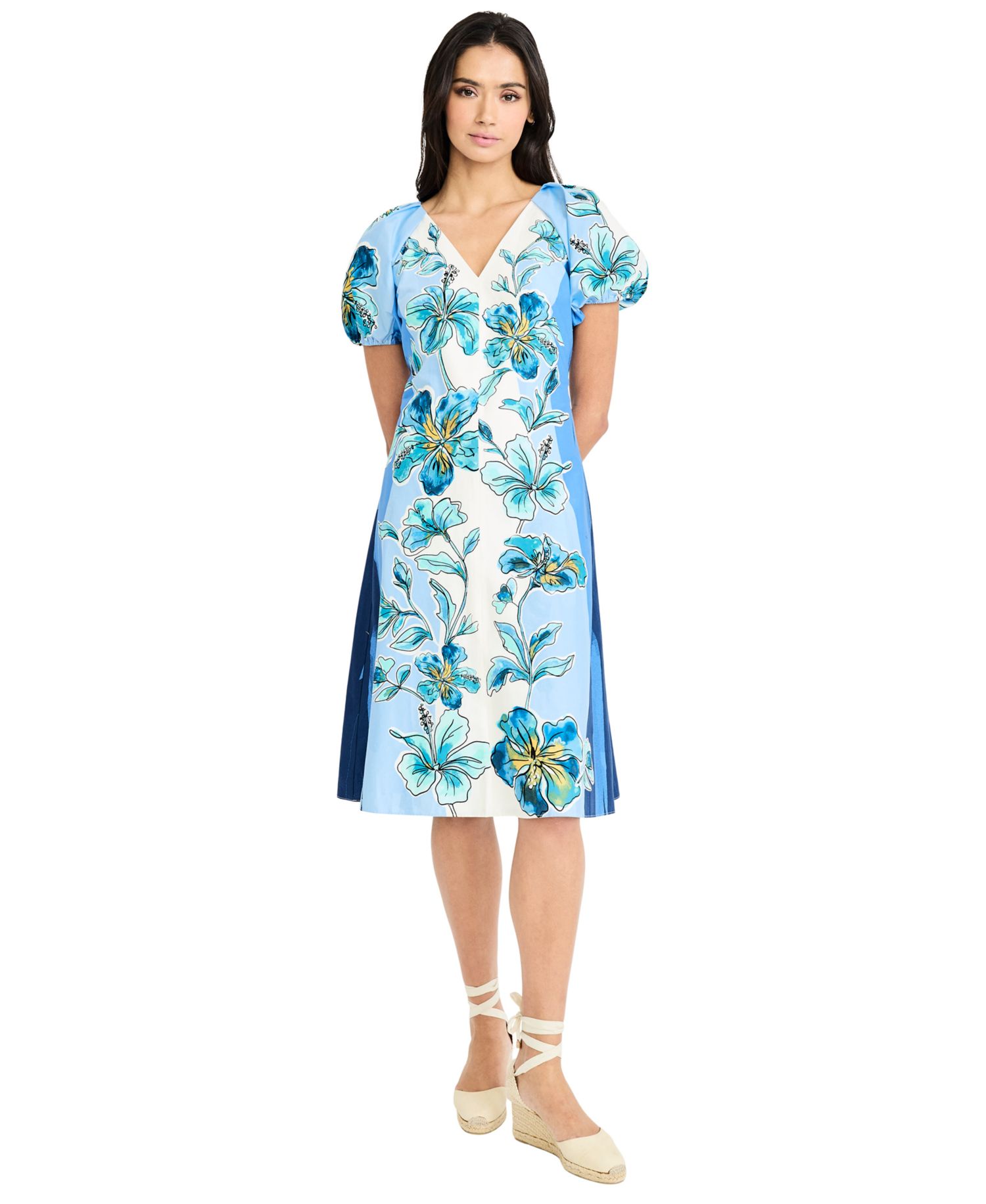 Women's Puff-Sleeve V-Neck Midi Dress