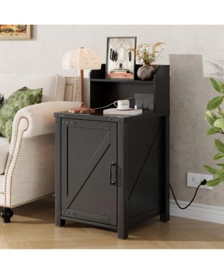Farmhouse Barn Door Nightstand with Charging Station