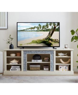 Large TV Desk Storage Rack with Faux Stacked Stone Surround, White, 70.12"W15.35"D25.83"H